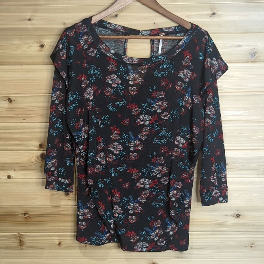 Free People Top Womens Medium Black Floral Dock Street Top Ruffle